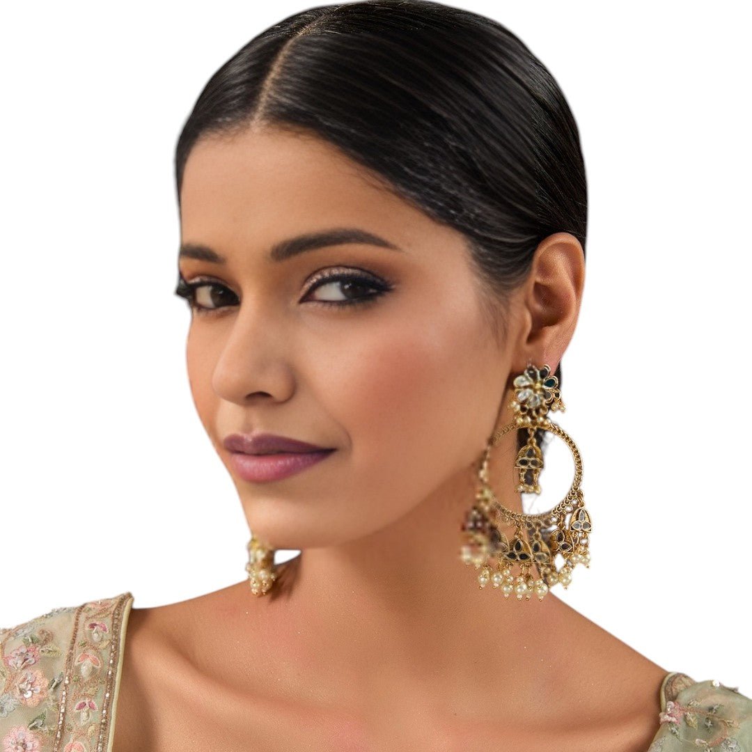 Gold - Plated Kundan Earrings with Pearl Dangling - Auraa Trends - Chandelier Earrings - # - Auraa Trends - Gold - Plated Kundan Earrings with Pearl Dangling