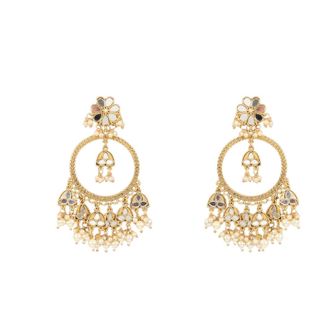 Gold - Plated Kundan Earrings with Pearl Dangling - Auraa Trends - Chandelier Earrings - # - Auraa Trends - Gold - Plated Kundan Earrings with Pearl Dangling