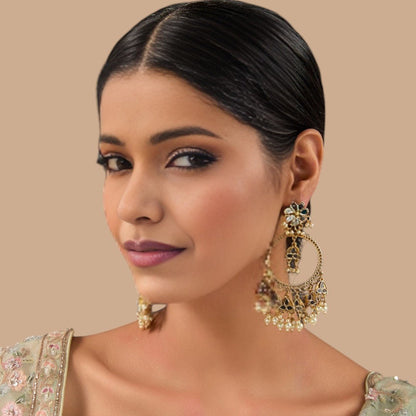 Gold - Plated Kundan Earrings with Pearl Dangling - Auraa Trends - Chandelier Earrings - # - Auraa Trends - Gold - Plated Kundan Earrings with Pearl Dangling