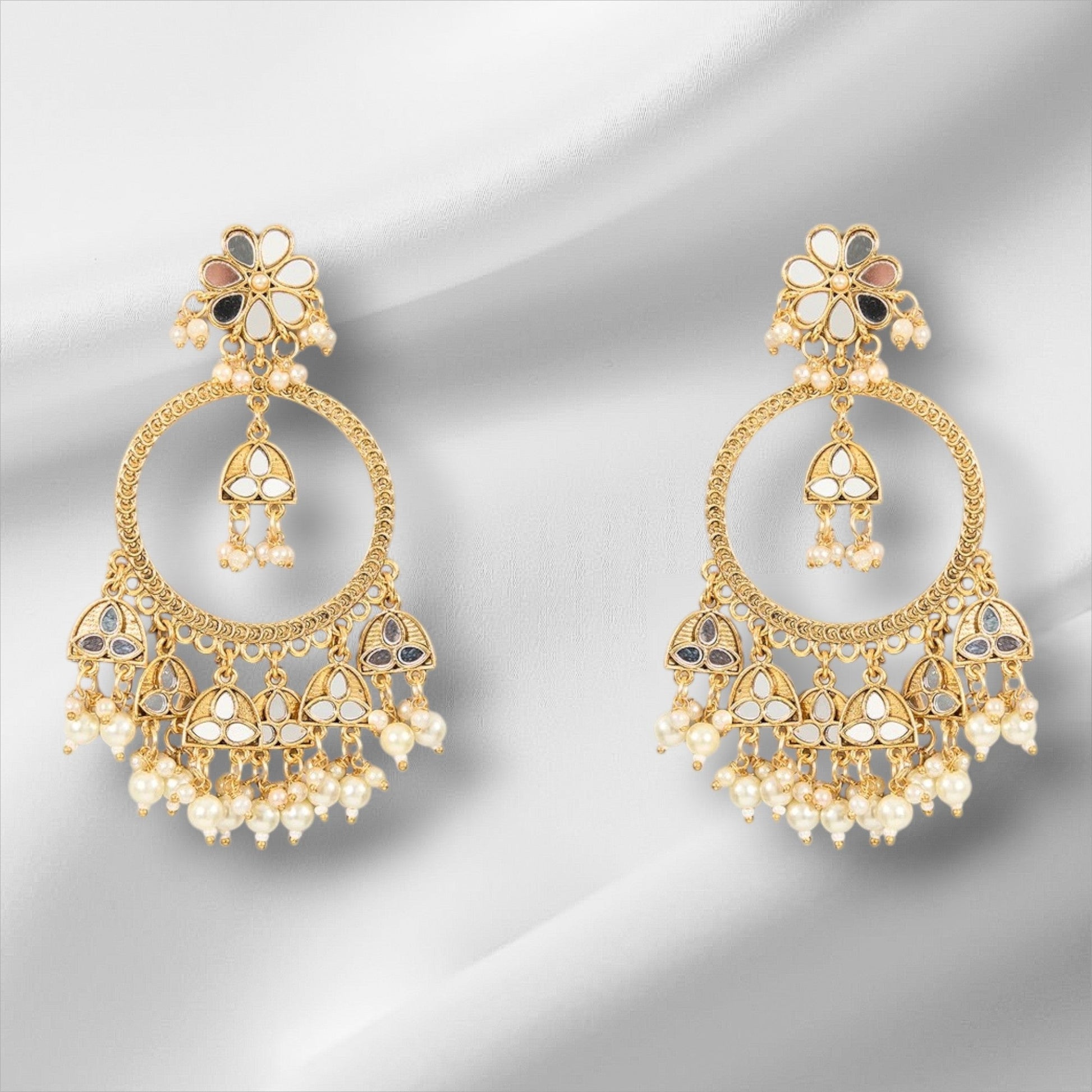 Gold - Plated Kundan Earrings with Pearl Dangling - Auraa Trends - Chandelier Earrings - # - Auraa Trends - Gold - Plated Kundan Earrings with Pearl Dangling