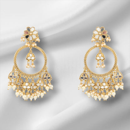 Gold - Plated Kundan Earrings with Pearl Dangling - Auraa Trends - Chandelier Earrings - # - Auraa Trends - Gold - Plated Kundan Earrings with Pearl Dangling