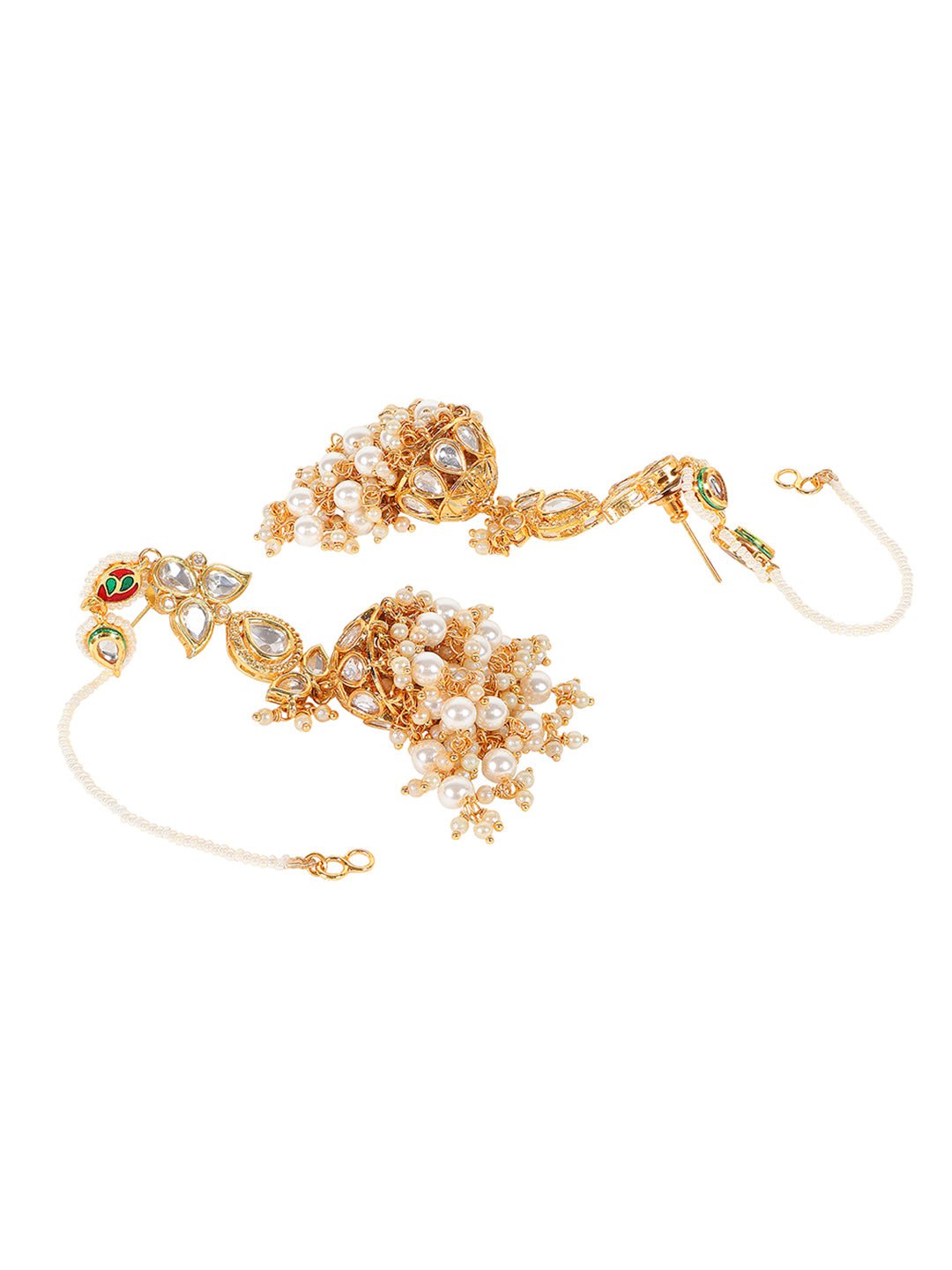 Gold-Plated Kundan Jhumka Earrings with Kaan Chain - Auraa Trends - Earrings with Kaan Chain - ear chain design Earring