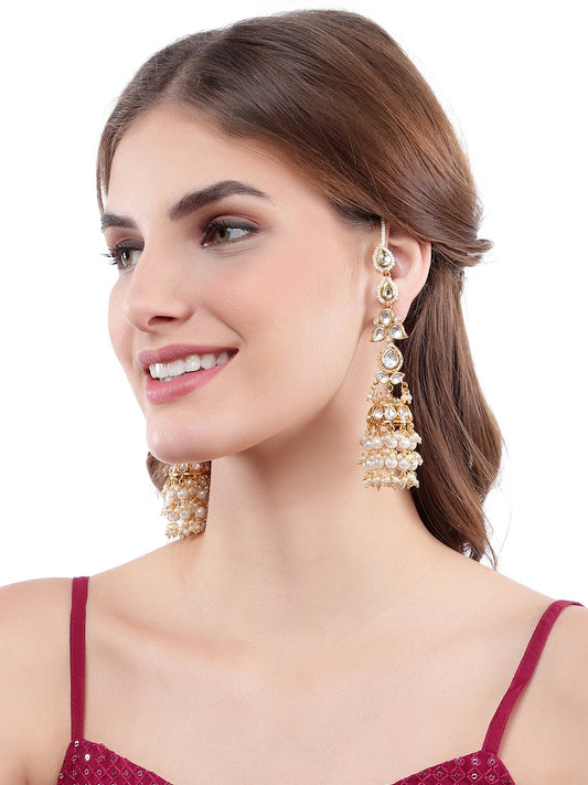 Gold-Plated Kundan Jhumka Earrings with Kaan Chain - Auraa Trends - Earrings with Kaan Chain - ear chain design Earring
