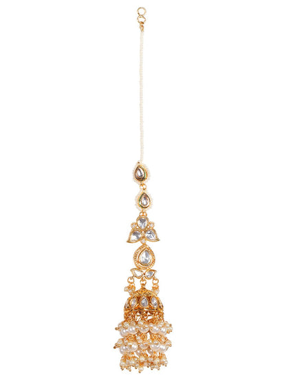 Gold-Plated Kundan Jhumka Earrings with Kaan Chain - Auraa Trends - Earrings with Kaan Chain - ear chain design Earring