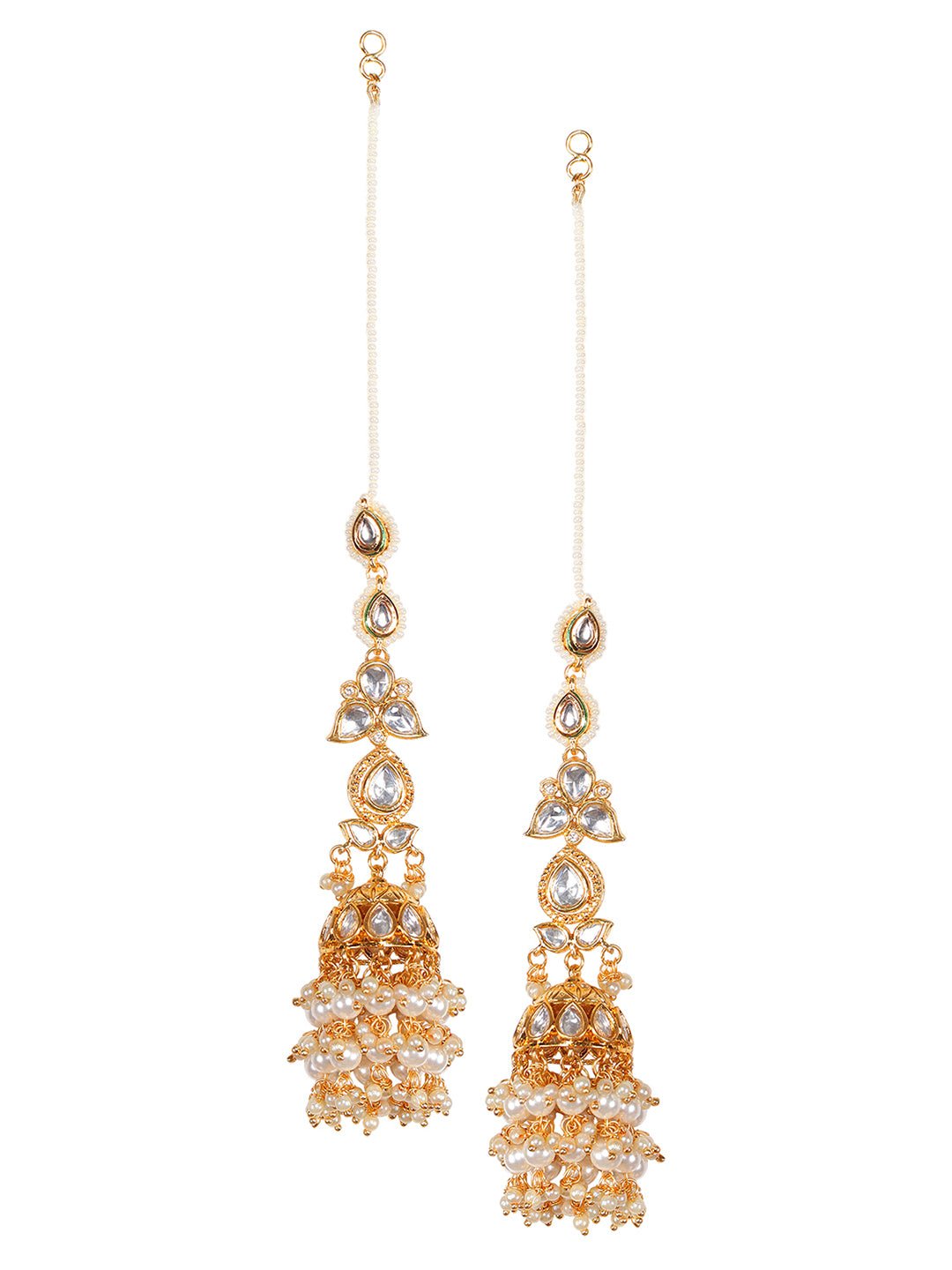 Gold-Plated Kundan Jhumka Earrings with Kaan Chain - Auraa Trends - Earrings with Kaan Chain - ear chain design Earring