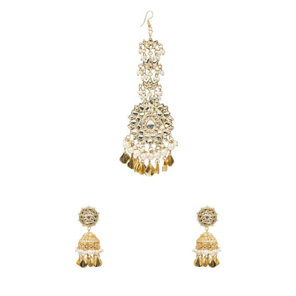 Gold - Plated Kundan Jhumka Earrings with Maang Tikka Set - Auraa Trends - Earring Set - # - Auraa Trends - Gold - Plated Kundan Jhumka Earrings with Maang Tikka Set