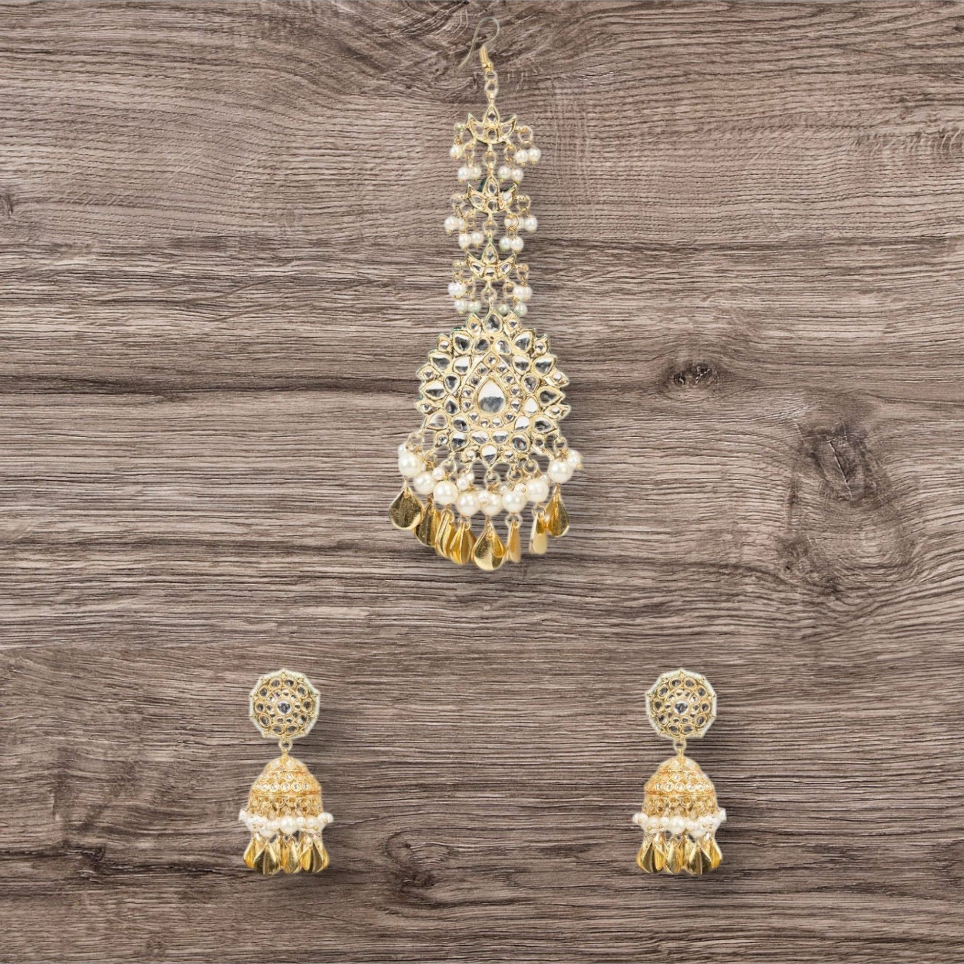 Gold - Plated Kundan Jhumka Earrings with Maang Tikka Set - Auraa Trends - Earring Set - # - Auraa Trends - Gold - Plated Kundan Jhumka Earrings with Maang Tikka Set