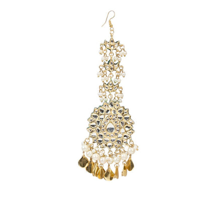 Gold - Plated Kundan Jhumka Earrings with Maang Tikka Set - Auraa Trends - Earring Set - # - Auraa Trends - Gold - Plated Kundan Jhumka Earrings with Maang Tikka Set