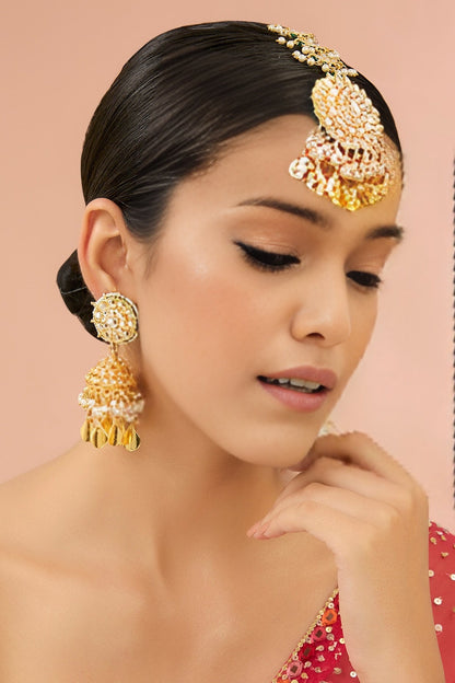 Gold - Plated Kundan Jhumka Earrings with Maang Tikka Set - Auraa Trends - Earring Set - # - Auraa Trends - Gold - Plated Kundan Jhumka Earrings with Maang Tikka Set