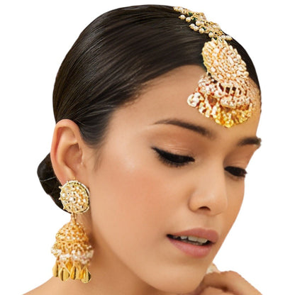 Gold - Plated Kundan Jhumka Earrings with Maang Tikka Set - Auraa Trends - Earring Set - # - Auraa Trends - Gold - Plated Kundan Jhumka Earrings with Maang Tikka Set