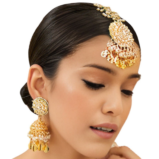 Gold - Plated Kundan Jhumka Earrings with Maang Tikka Set - Auraa Trends - Earring Set - # - Auraa Trends - Gold - Plated Kundan Jhumka Earrings with Maang Tikka Set