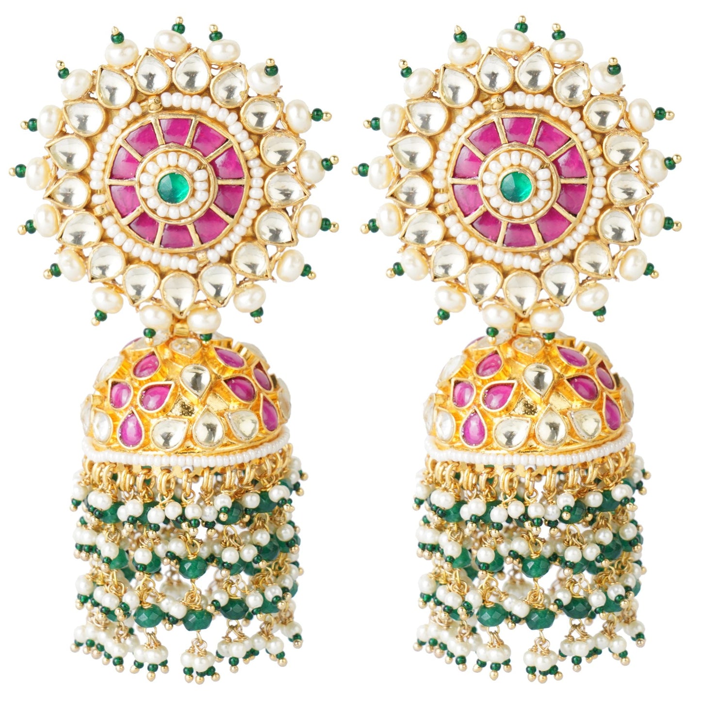 Gold - Plated Kundan Jhumka Earrings with Pink & Green Stones - Auraa Trends - Jhumka - Gold - Plated Kundan Jhumka Earrings
