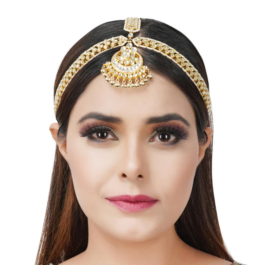 Gold-Plated Kundan Mathapatti & Headband - Auraa Trends - Mathapati - Kundan Mathapati - Shop Now | Auraatrends