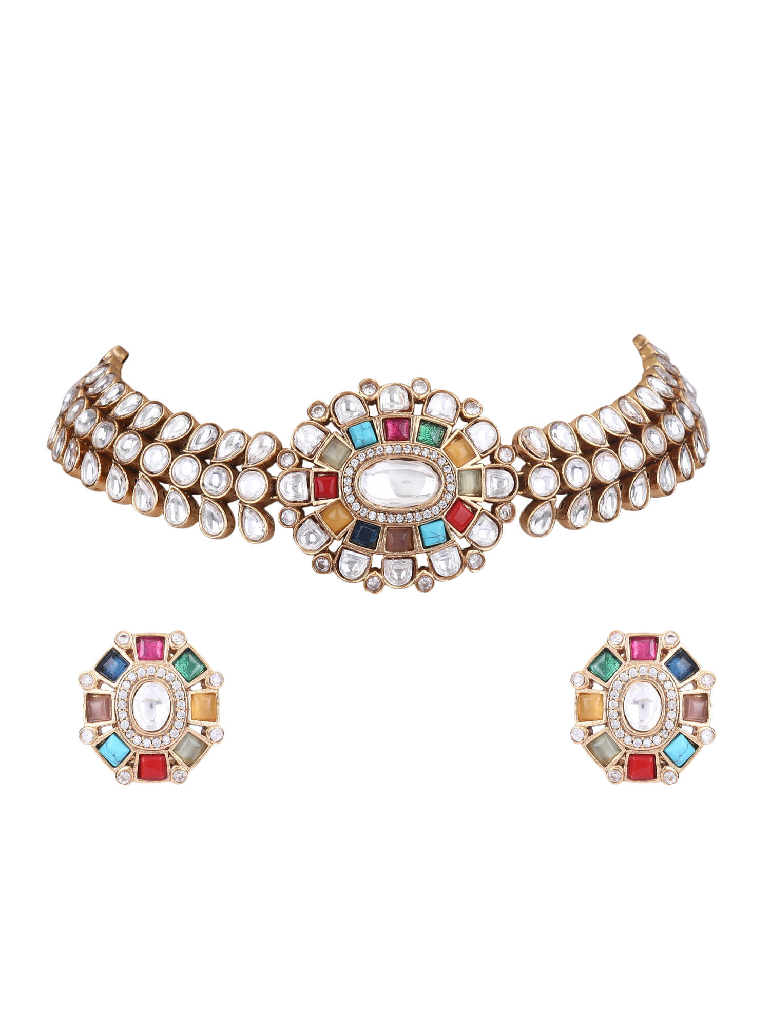 Gold Plated Kundan Navratna Choker Necklace Set 22KT - Auraa Trends - Choker Aura Trends Choker choker set for women