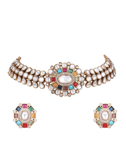 Gold Plated Kundan Navratna Choker Necklace Set 22KT - Auraa Trends - Choker Aura Trends Choker choker set for women