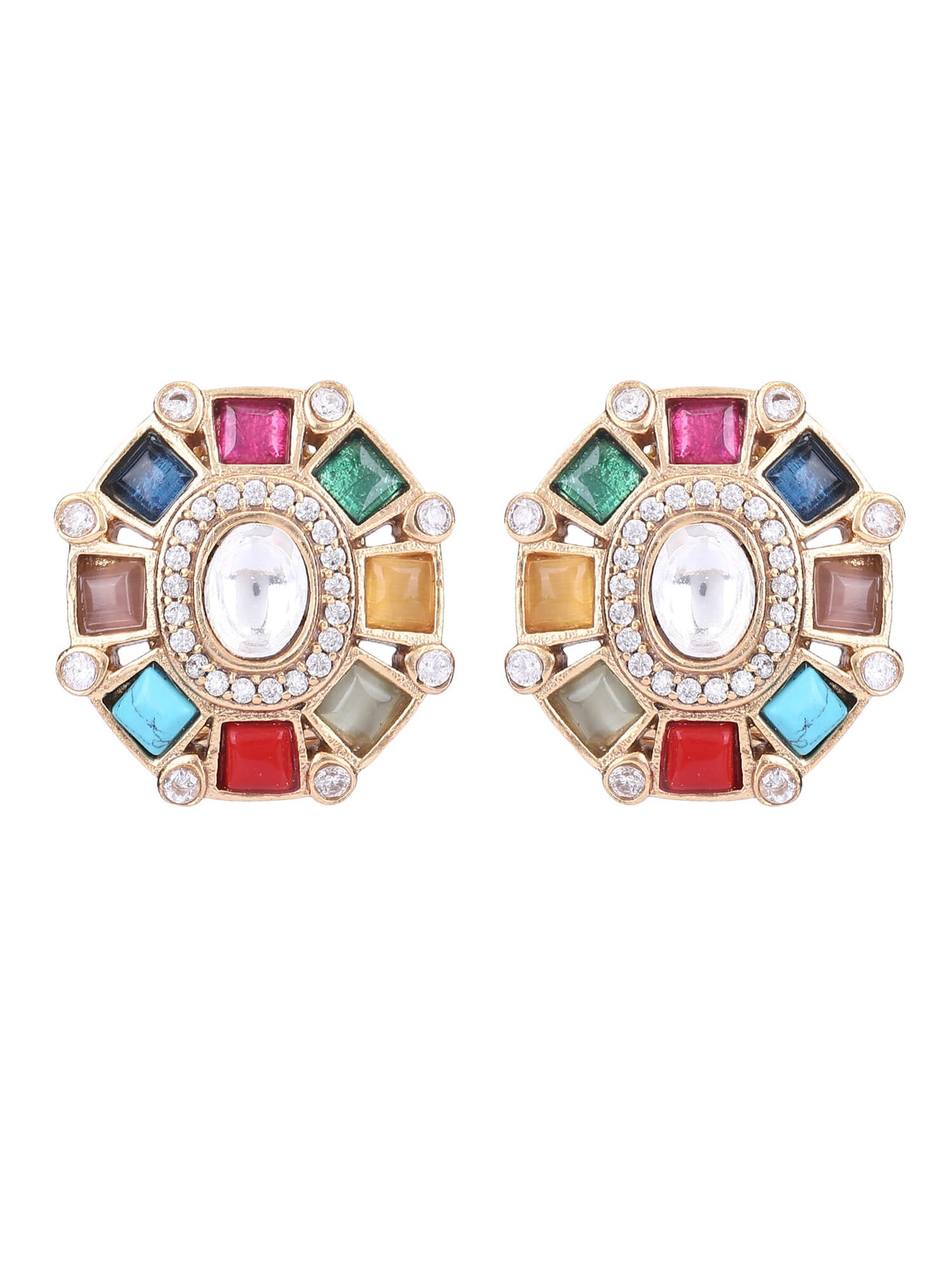 Gold Plated Kundan Navratna Choker Necklace Set 22KT - Auraa Trends - Choker Aura Trends Choker choker set for women