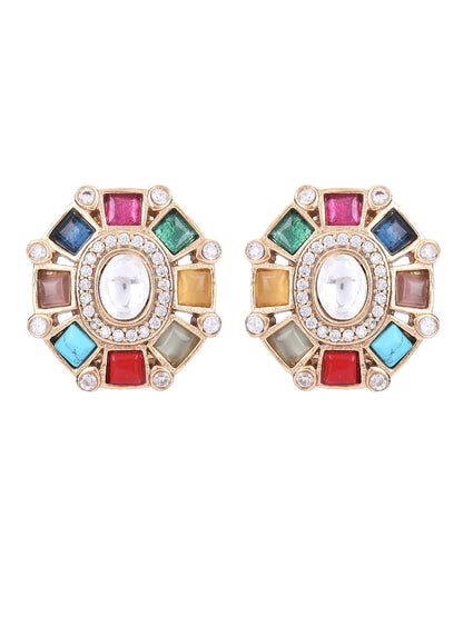 Gold Plated Kundan Navratna Choker Necklace Set 22KT - Auraa Trends - Choker Aura Trends Choker choker set for women