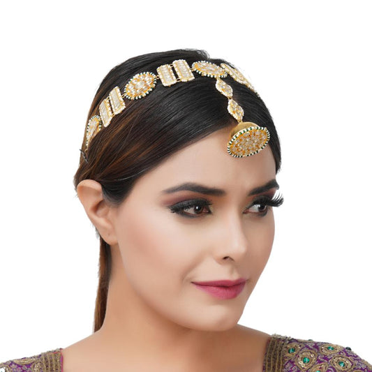 Gold-Plated Kundan & Pearl Bridal Mathapatti - Auraa Trends - Mathapati - Gold-Plated Kundan & Pearl Bridal Matha Patti