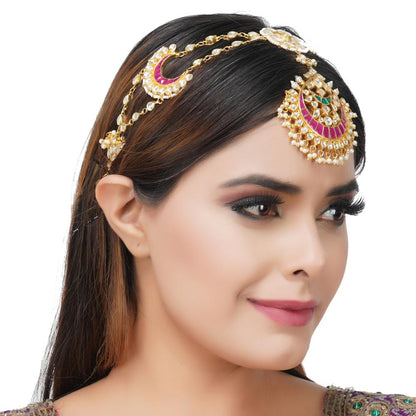 Gold-Plated Kundan & Pearl Mathapatti – Bridal Headpiece - Auraa Trends - Mathapati - design of mathapatti devsena mathapatti