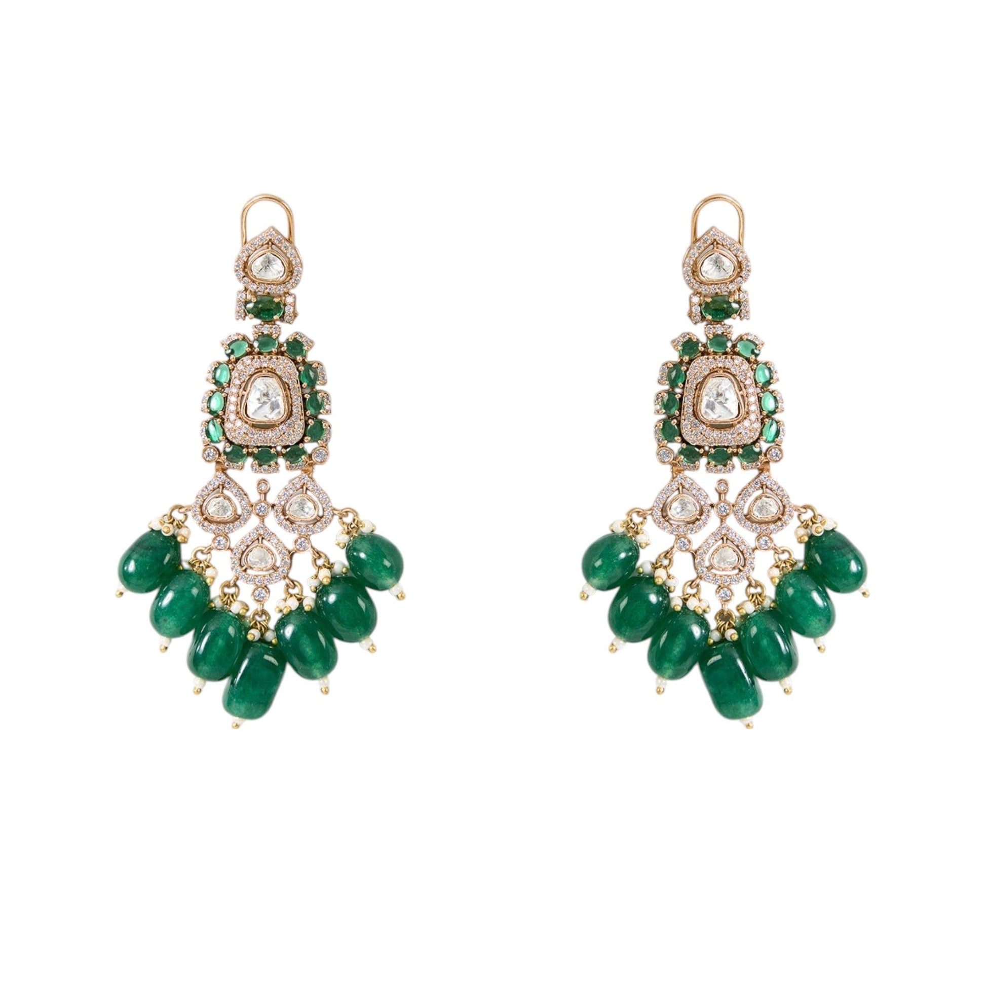 Gold Plated Kundan Polki Choker Set with Emerald Green Beads – Ethnic Wedding Jewelry - Auraa Trends - Necklace -  - Auraa Trends - Gold Plated Kundan Polki Choker Set with Emerald Green Beads – Ethnic Wedding Jewelry
