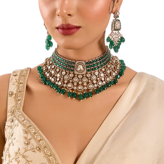 Gold Plated Kundan Polki Choker Set with Emerald Green Beads – Ethnic Wedding Jewelry - Auraa Trends - Necklace -  - Auraa Trends - Gold Plated Kundan Polki Choker Set with Emerald Green Beads – Ethnic Wedding Jewelry