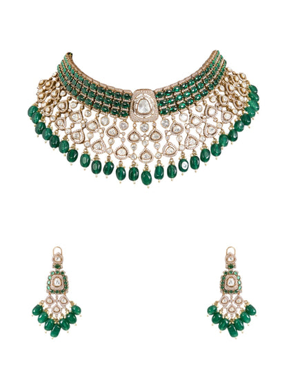 Gold Plated Kundan Polki Choker Set with Emerald Green Beads – Ethnic Wedding Jewelry - Auraa Trends - Necklace -  - Auraa Trends - Gold Plated Kundan Polki Choker Set with Emerald Green Beads – Ethnic Wedding Jewelry