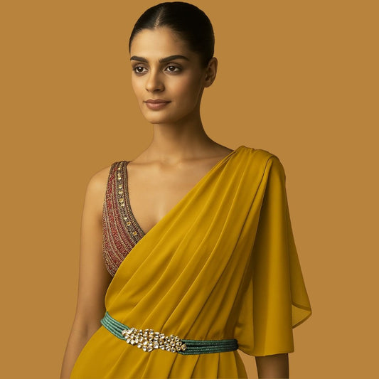Gold Plated Kundan Polki & Green Handcrafted Waist Belt - Auraa Trends - Gold Plated Kundan Polki & Green Handcrafted Waist