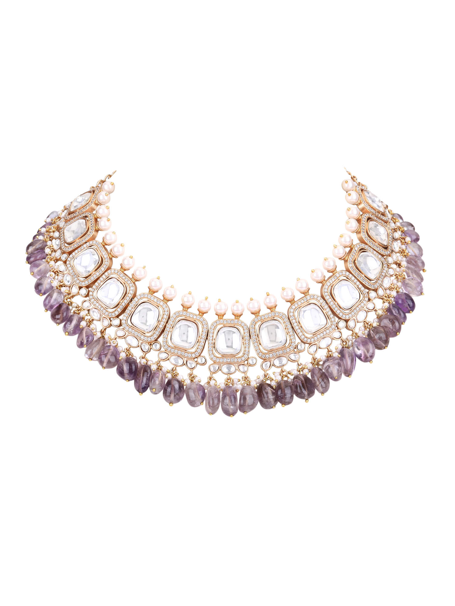 Gold Plated Kundan Purple Beads Necklace Set - Auraa Trends - 22KT Gold Plated Kundan Purple Beads Necklace Set for women