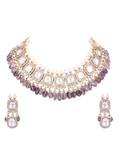 Gold Plated Kundan Purple Beads Necklace Set - Auraa Trends - 22KT Gold Plated Kundan Purple Beads Necklace Set for girls