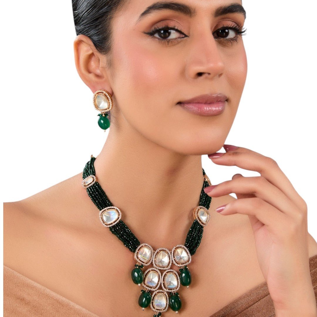 Gold - Plated Kundan Studded & Beaded Jewellery Set - Auraa Trends - Necklaces - Gold - Plated Kundan Studded Jewellery Set