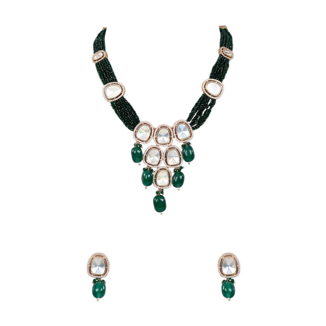 Gold - Plated Kundan Studded & Beaded Jewellery Set - Auraa Trends - Necklaces - Gold - Plated Kundan Studded Jewellery Set