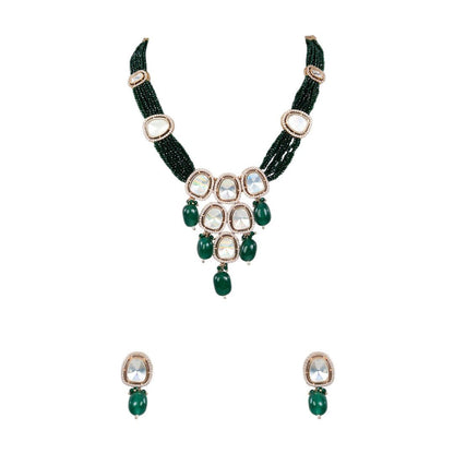 Gold - Plated Kundan Studded & Beaded Jewellery Set - Auraa Trends - Necklaces - Gold - Plated Kundan Studded Jewellery Set