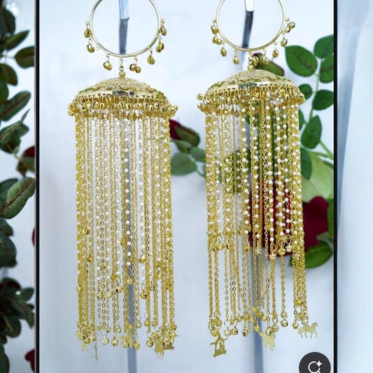 Gold Plated Long Chain Bridal Kaleera with Pearl Strings & Wedding Symbol Charms - Auraa Trends - Kaleere -  - Auraa Trends - Gold plated bridal kaleera with long pearl and gold chains featuring Indian wedding motif charms like swings and horses"