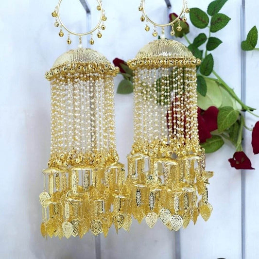 Gold Plated Long Pearl String Bridal Kaleera with Hanging Leaf Charms for Wedding & Ethnic Wear - Auraa Trends
