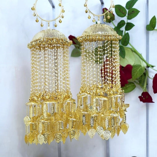 Gold Plated Long Pearl String Bridal Kaleera with Hanging Leaf Charms for Wedding & Ethnic Wear - Auraa Trends - Kaleere -  - Auraa Trends - "Gold plated bridal kaleera with multi - layered pearl strings and hanging leaf charms for Indian weddings