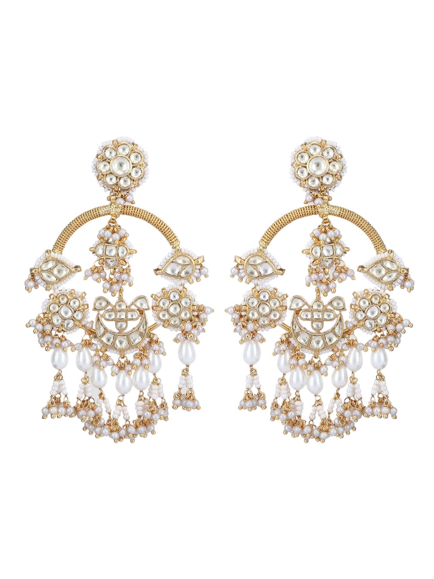 Gold-Plated Moissanite chandbaali Earrings with Pearl Drops - Auraa Trends - Chandbali - 22k gold chandbali earrings