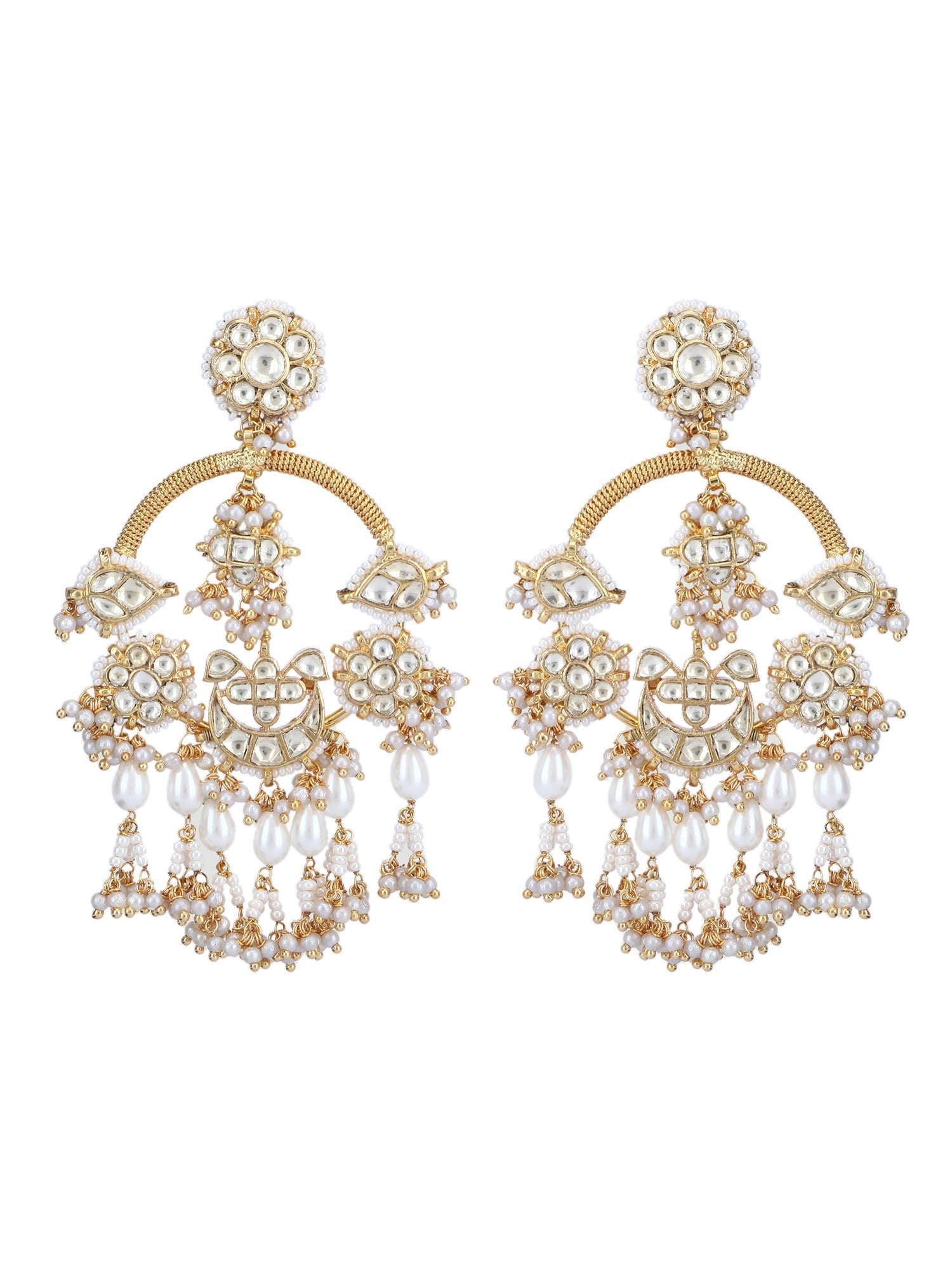 Gold-Plated Moissanite chandbaali Earrings with Pearl Drops - Auraa Trends - Chandbali - 22k gold chandbali earrings