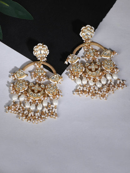 Gold-Plated Moissanite chandbaali Earrings with Pearl Drops - Auraa Trends - Chandbali - 22k gold chandbali earrings