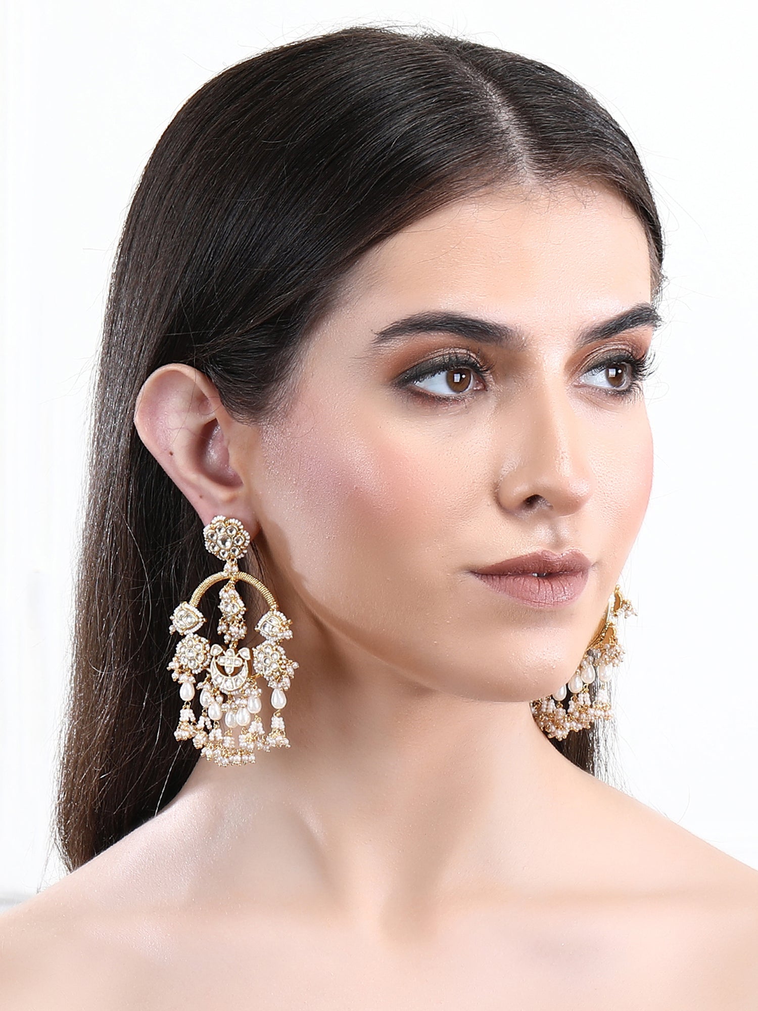 Gold-Plated Moissanite chandbaali Earrings with Pearl Drops - Auraa Trends - Chandbali - 22k gold chandbali earrings