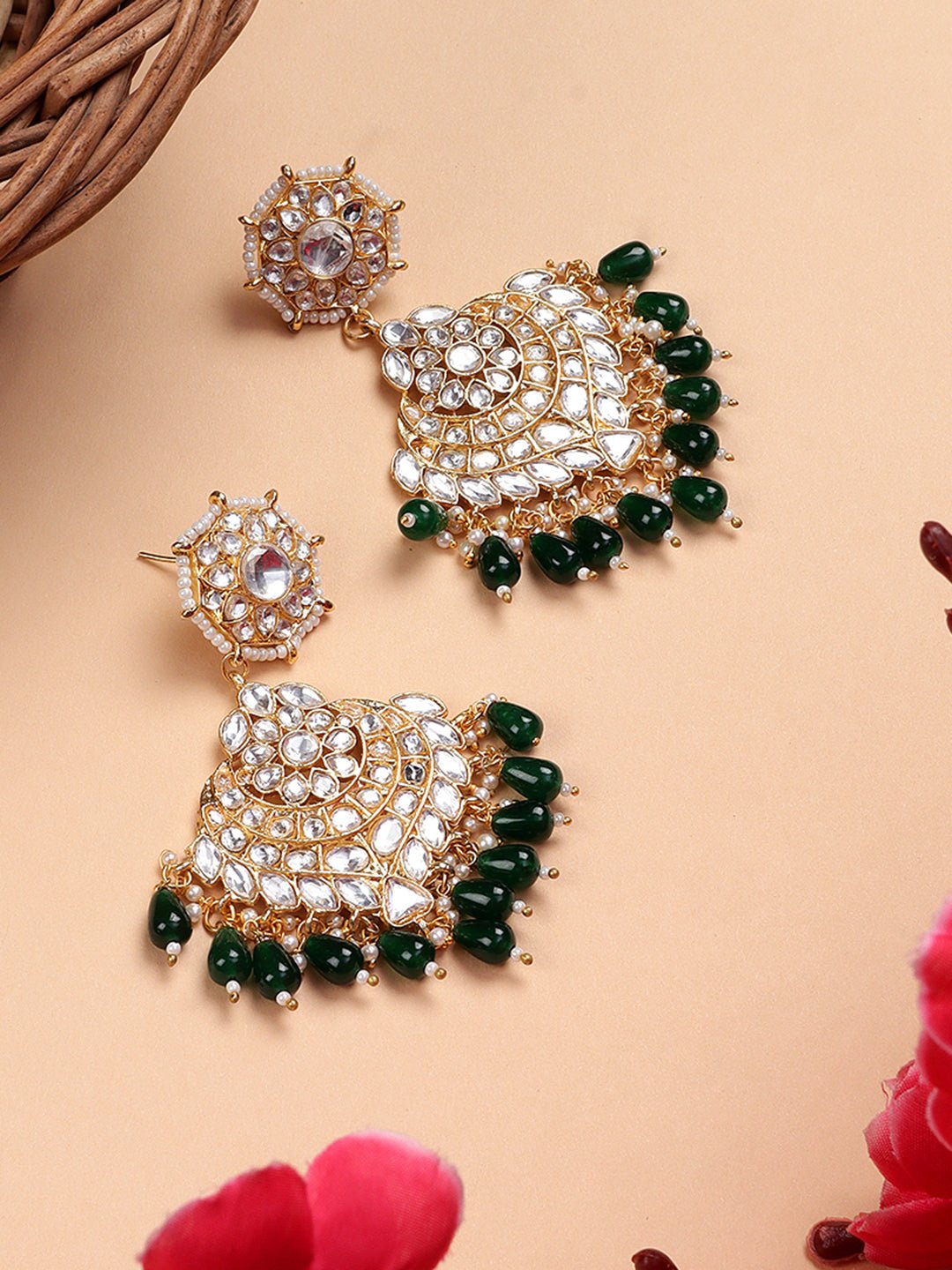 Gold-Plated Moissanite Chandelier Earrings with Green Beads - Auraa Trends - Chandelier Earrings Earringchandelier earrings