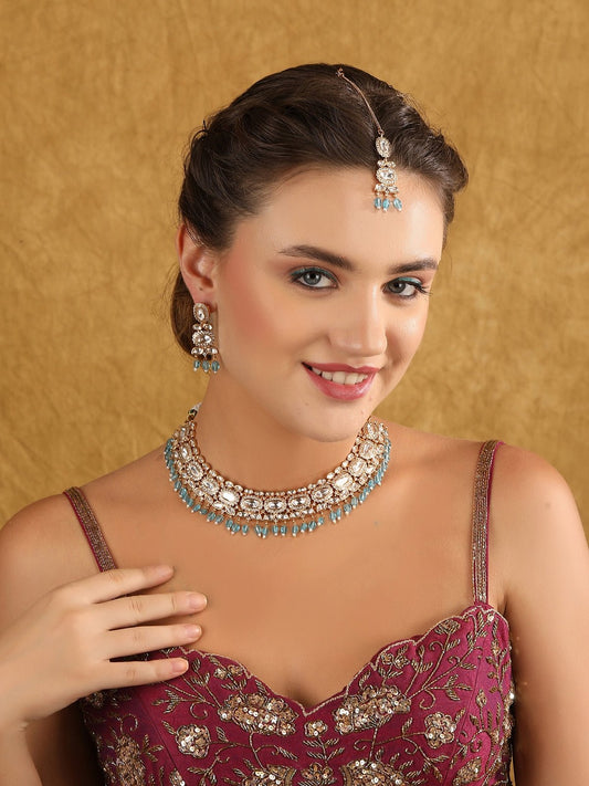 Gold Plated Moissanite Choker Necklace Set with Earrings and Maangtikka - Auraa Trends - choker - Choker choker set for women