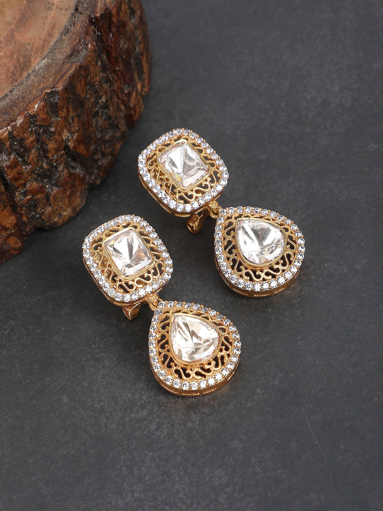 Gold Plated Moissanite Drop Earrings - Auraa Trends - Drop - # - Auraa Trends - Gold - Plated Teardrop Shaped Drop Earrings