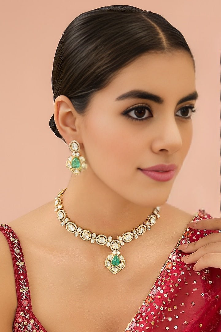 Gold Plated Moissanite Emerald Necklace Set - Auraa Trends - Necklace Set - Gold Plated Moissanite Emerald Necklace Set