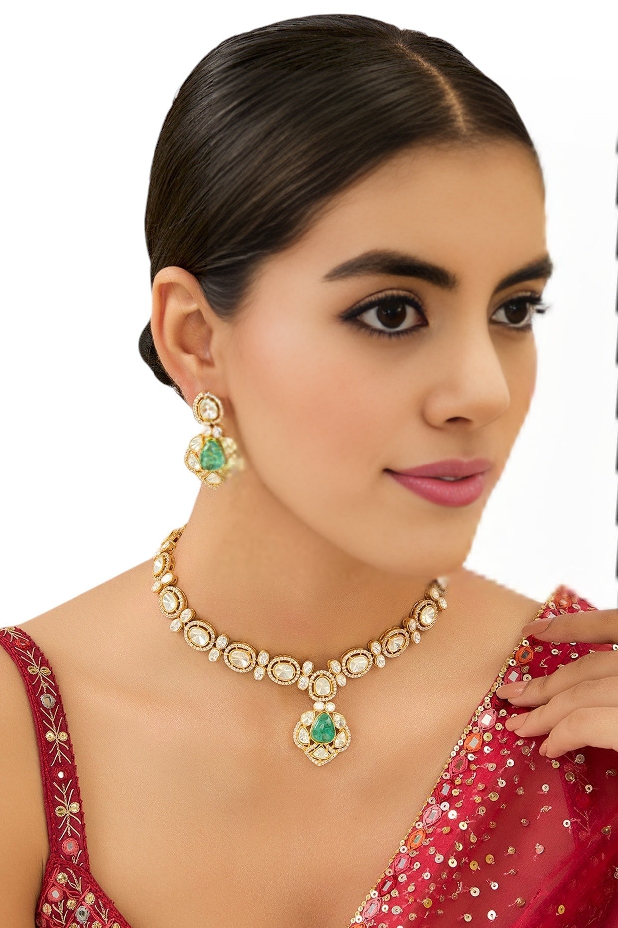 Gold Plated Moissanite Emerald Necklace Set - Auraa Trends - Necklace Set - Gold Plated Moissanite Emerald Necklace Set