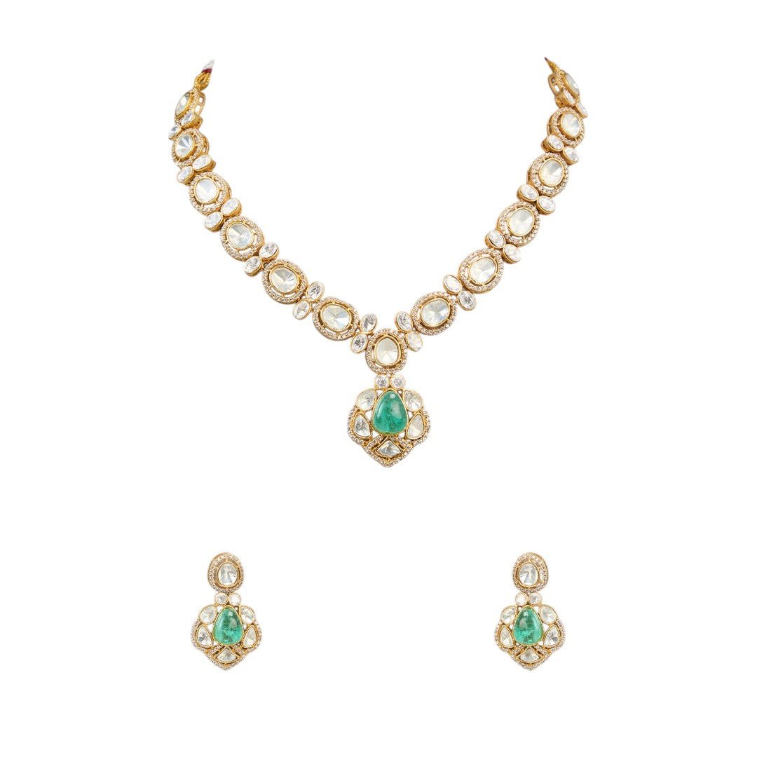 Gold Plated Moissanite Emerald Necklace Set - Auraa Trends - Necklace Set - Gold Plated Moissanite Emerald Necklace Set