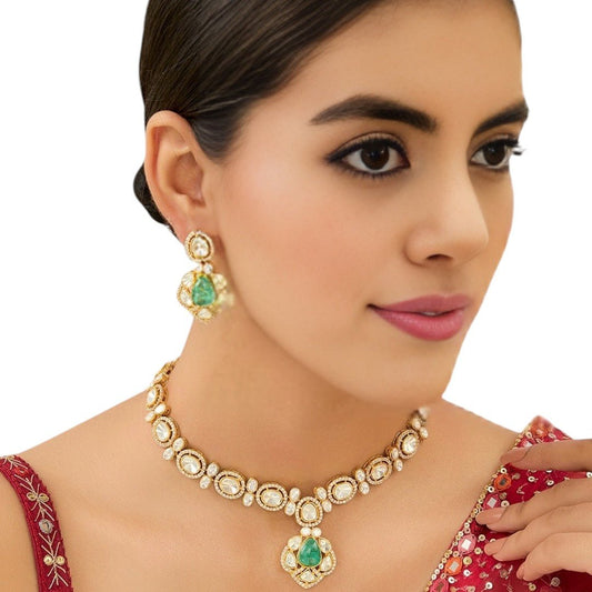 Gold Plated Moissanite Emerald Necklace Set - Auraa Trends - Necklace Set - Gold Plated Moissanite Emerald Necklace Set