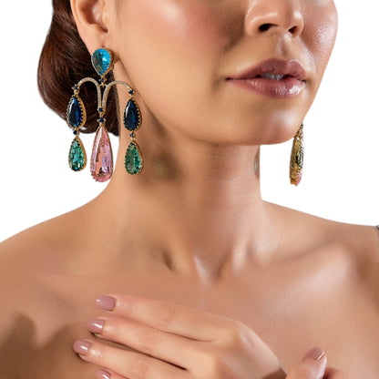 Gold - Plated Multi - Color Teardrop Statement Earrings - Auraa Trends - Earrings -  - Auraa Trends - Gold - plated statement earrings with multi - color teardrop stones in pink, blue, and green hues, arranged in an arch - drop design, ideal for cocktail or party wear."