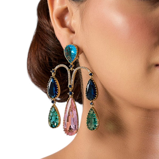 Gold - Plated Multi - Color Teardrop Statement Earrings - Auraa Trends - Earrings -  - Auraa Trends - Gold - plated statement earrings with multi - color teardrop stones in pink, blue, and green hues, arranged in an arch - drop design, ideal for cocktail or party wear."