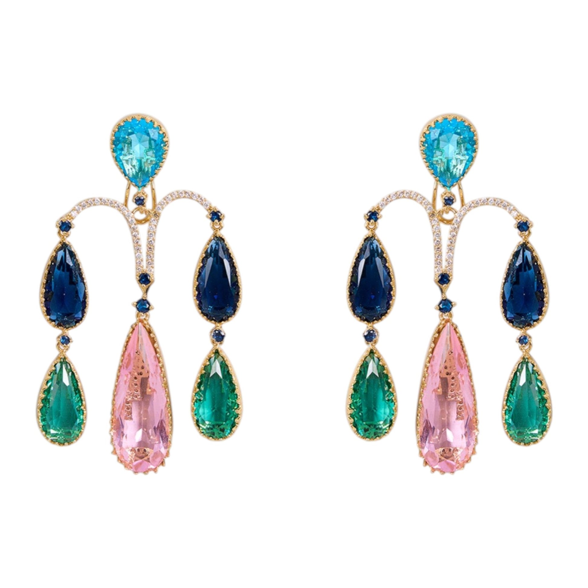 Gold - Plated Multi - Color Teardrop Statement Earrings - Auraa Trends - Earrings -  - Auraa Trends - Gold - plated statement earrings with multi - color teardrop stones in pink, blue, and green hues, arranged in an arch - drop design, ideal for cocktail or party wear."