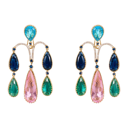 Gold - Plated Multi - Color Teardrop Statement Earrings - Auraa Trends - Earrings -  - Auraa Trends - Gold - plated statement earrings with multi - color teardrop stones in pink, blue, and green hues, arranged in an arch - drop design, ideal for cocktail or party wear."